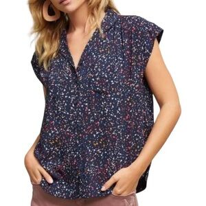 Maeve Navy and Multicolored Printed Cap-Sleeve Button-Up Blouse